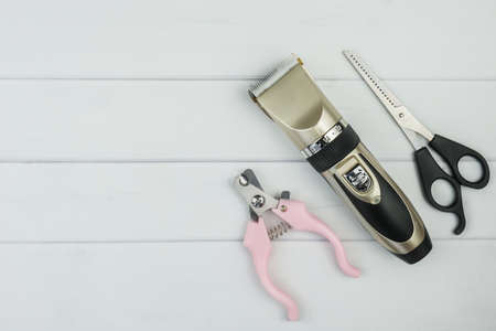 Set of tools for grooming: electric pet clipper, grooming scissors and grooming scissors with pink handles. Background with copy space on topic of pet care, Grooming, hygienic of cats and dogs.の写真素材