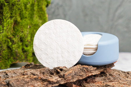 Reusable Cotton Rounds makeup remover in a container made from recycled ocean plastic on tree bark....