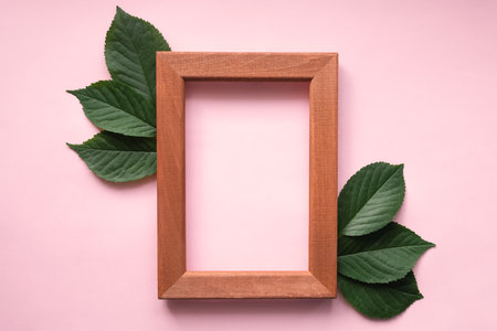 Empty wooden frame with green leaves on a pink background. Template for design, space to insert text. minimalist design. top view.の写真素材