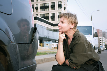 Middle aged woman with short hair squats down in front of her car and looks at bumper damage. Business woman inspects a damaged car.の写真素材