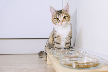 Small tricolor mongrel cat sits in front of its food and water bowls. Keeping pets in the apartment, feeding cats.の写真素材