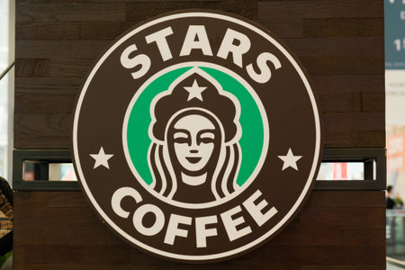 logo of the Stars Coffee chain of coffee houses - created on the basis of the Starbucks chain in Russia after the introduction of international sanctions. Moscow, Russia, 01.04.2023のeditorial素材