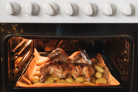 Chicken is being cooked in the oven. Roasted chicken and sliced potatoes inside the oven during cooking.の写真素材