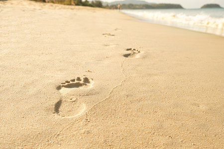 Barefoot footprints on the sandy beach at the water's edge. A man was walking along the beach along the sea and left footprints. The concept of summer holidays, walks along the coastの写真素材