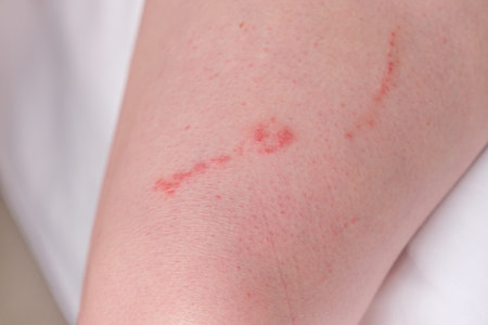 Jellyfish bite marks on a woman's leg. An allergic reaction on the skin from contact with a...