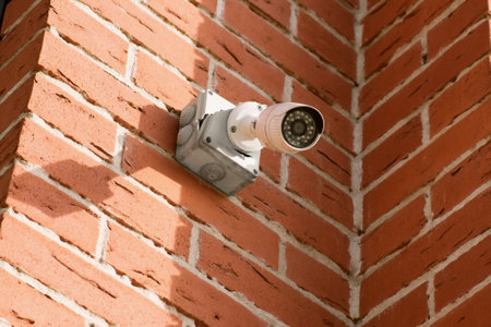 Small white CCTV camera on the corner of the facade of a multi-storey brick building. Security surveillance camera with a broken plastic case.の写真素材