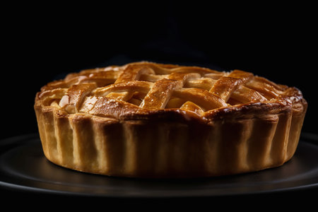 Freshly baked apple pie lies on a dark plate. Fresh tasty apple pie on a black background. Generated by AIの素材