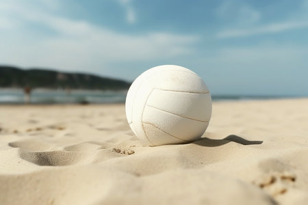 White leather volleyball lies on the sand against the backdrop of the sea. Summer sports games on the beach. Beach volleyball, sports equipment. Generated by AIの素材