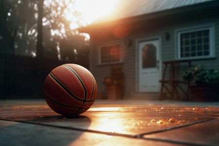 basketball lies in the backyard of a country house. Amateur sports, sports games with children in the yard. Basketball game symbol, sports equipment. Generated by AIの素材