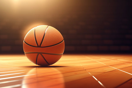 basketball ball lies on the floor of the gym. The light illuminates the ball from behind. Symbol of the game of basketball, sports equipment, competitions. Generated by AIの素材