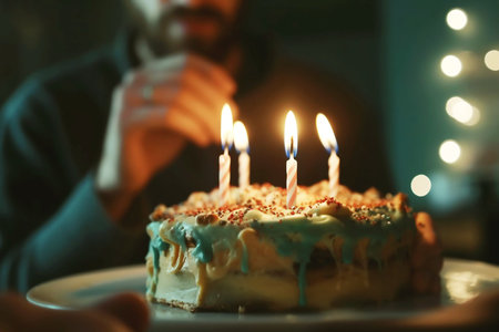 Close-up of a homemade birthday cake with burning candles in front of a man. The man blows out the candles on the cake. Celebration of birthday, anniversary in domestic circle. Generated by AIの素材