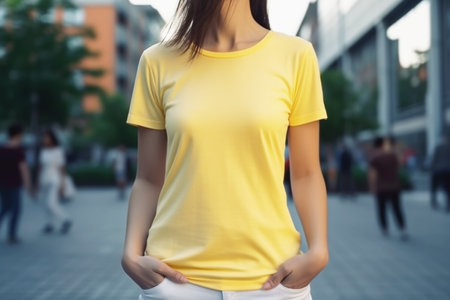 caucasian woman wearing white t-shirt and jeans. Image of the torso of a man without a head. Tshirt blank white mock up. Generated by AIの素材