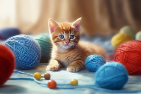 Cute little red kitten plays with multi-colored tangles of thread. Frightened baby cat. Generated by AIの素材