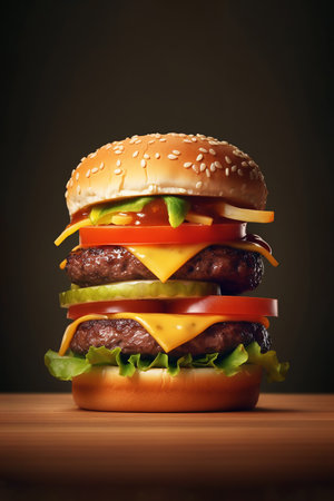 Vertical image of an appetizing multilayer hamburger with beef cutlet, cheese, tomato, green salad and pickled cucumbers on a dark background. Generated by AIの素材