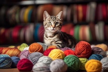 Cute little striped gray kitten plays with multi-colored tangles of thread. Cat in a yarn and fabric store. Generated by AIの素材