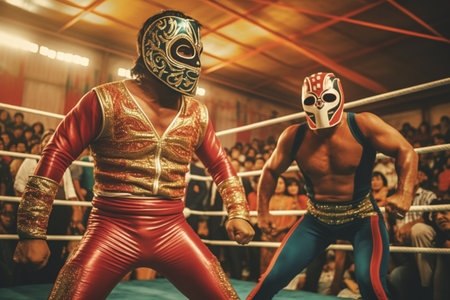 Two masked Lucha libre wrestlers in the ring. Mexican Luchadores during the fight. Generated by AIの素材