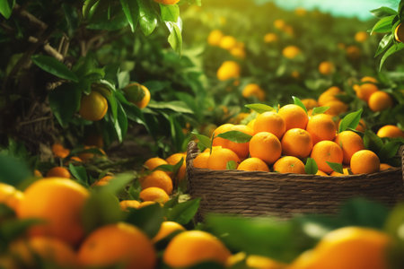 Harvesting Juicy oranges grow on trees on orange farm. Ripe juicy oranges in a basket. Generated by AIの素材