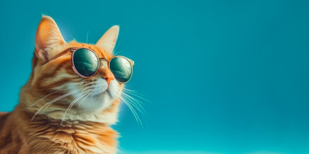 Portrait of a cute ginger cat in sunglasses on a blue background. Summer holiday concept, sale of sunglasses. Template for an advertising banner. Generated by AIの素材