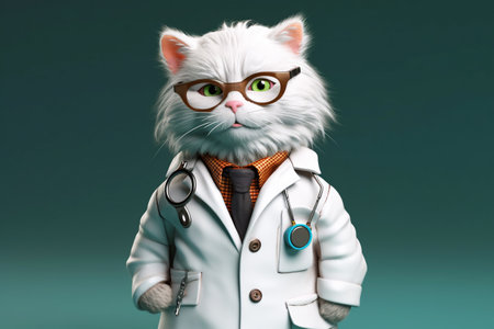 White fluffy cat in glasses and a medical gown. Cat as a doctor, cartoon character. Concept of a veterinary clinic, treatment of pets. Generated by AIの素材