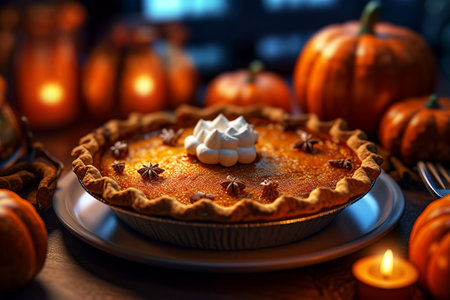 Freshly baked pumpkin pie lies on the table. On the table next to the pie ripe garden pumpkin lie nearby. Cozy rustic style, homemade cakes. Generated by AIの素材