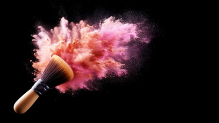 Cosmetic brush with pink and red powder splashes on a black background. Creative concept of make-up, decorative cosmetics. Banner with free space for text. Generated by AIの素材