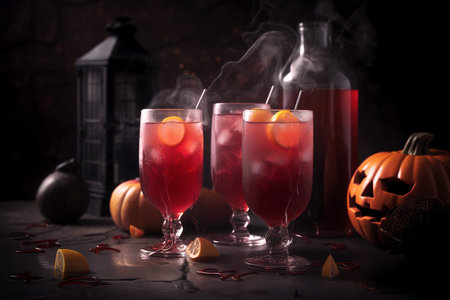 Drinks for a children's holiday Halloween, berry cocktails in glass glasses with straws. Special drinks for the holiday. Generated by AIの素材