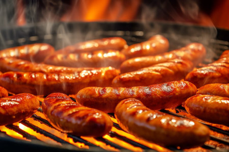 Grilled sausages are cooked on a barbecue grill. Close-up of fried appetizing sausages on the grill. Generated by AIの素材