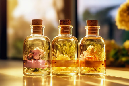 Three glass vials with flower extract and flower petals, sealed with a cork lid. Perfume shop products, aromatherapy, aromatic oil.の素材