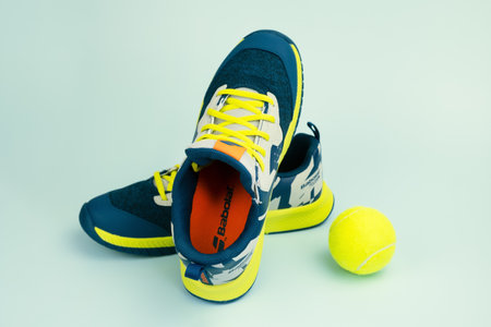 Babolat brand professional tennis shoes. Junior tennis sneakers with cushioning and impact protection - Paris, France 03/09/2023のeditorial素材