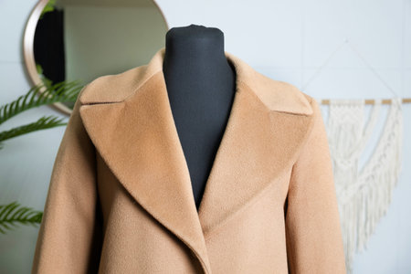 Double-breasted coat in double camel fabric with a wide collar. Demonstration of clothing on a...