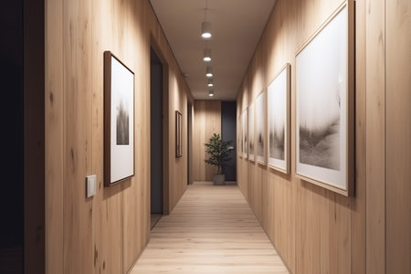 Corridor in the office, decorated with wooden panels. Modern office interior with decorated with paintings and postersの素材