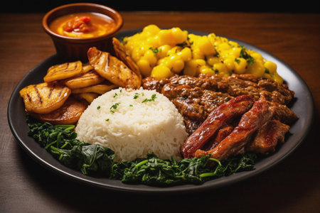 large dish with delicious food - Feijoada Completa The National Dish Of Brazil, with rice, pork ribs, spinach and corn.の素材