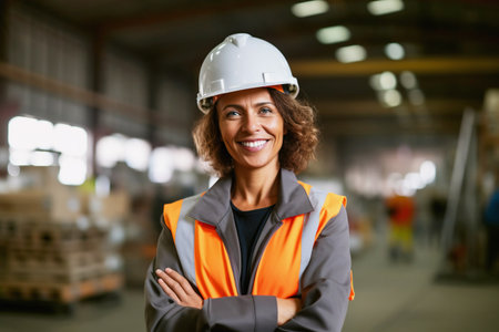 Middle-aged woman in work clothes and a hard hat stands against the background of a warehouse and smilesの素材