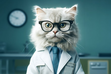 White fluffy cat in glasses and a medical gown. Cat as a doctor, cartoon character. Concept of a veterinary clinic, treatment of pets.の素材
