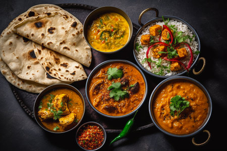 Traditional Indian dishes Chicken tikka masala, palak paneer, saffron rice, lentil soup, pita bread and spices.の素材