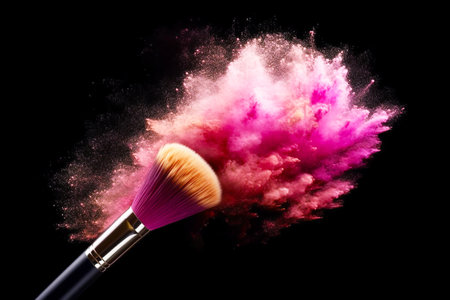Cosmetic brush with pink and red powder splashes on a black background. Creative concept of make-up, decorative cosmetics.の素材