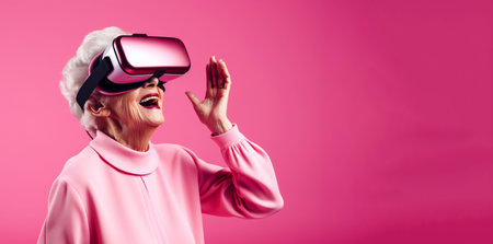 senior citizen woman with a white gray beard uses virtual reality glasses on a bright pink background. Woman looking in 3D VR goggles. Banner with free space for textの素材