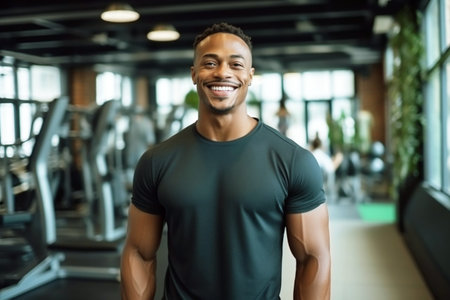 Attractive muscular black man in sportswear stands against the backdrop of a gym and exercise equipment. Personal trainer in a sports club smiles and looks at the camera.の素材