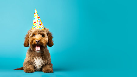 Happy cute curly dog wearing a party hat celebrating at a birthday party on a bright blue background. Banner with free space for textの素材