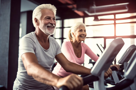 Mature couple retired in the gym on the treadmill. Happy senior citizen man and woman leading a healthy lifestyle.の素材