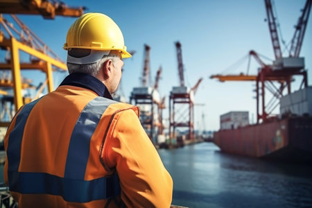 Man in a hard hat and work clothes stands against the background of the seaport. Support workerの素材
