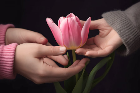 child gives his mother a delicate tulip. Close-up of a child's hands and a woman's hand with a flower. Happy Mother's Day concept.の素材