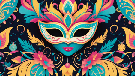 Vibrant Carnival Mask Illustration With Floral and Feather Motifs on Dark Background. Ornate and colorful carnival mask adorned with intricate floral designs and feather detailsの素材