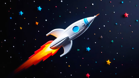 3D drawing of a space rocket in space against the background of the starry sky. A cartoon image of a spaceship.の素材