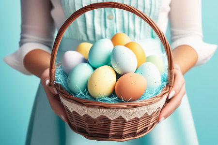 Woman Holding a Wicker Basket Full of Colorful Easter Eggs Against a Pastel Backdrop. Festive springtime activity.の素材