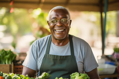 mature black bald man farmer at a vegetable stand at the market. A friendly farmer sells fresh vegetables.の素材