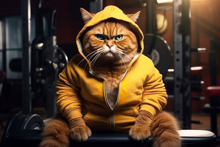 Red serious cat in sportswear against the background of barbell. Bodybuilding training concept, professional fitness trainer, sports mentor.の素材