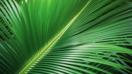 Close-up of a palm leaf. Green background with leaves of a tropical plant. Floral pattern backgroundの素材