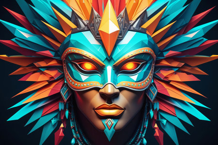 Carnival mask in polygonal style. Close-up of a warrior mask. Carnival background abstractの素材
