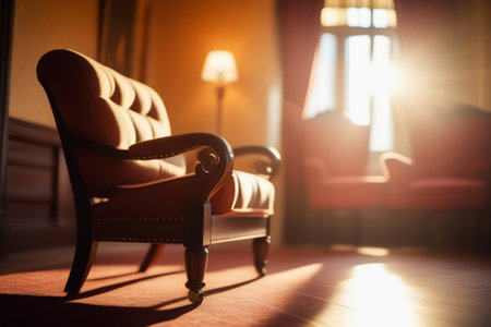 Armchair with wooden legs in an empty office. An office for negotiations or a psychotherapist's session.の素材